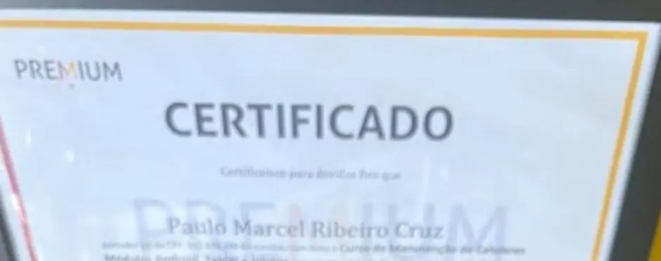 Certificado emoldurado do Curso de Manutenção de Celulares, módulos Android, Tablet e iPhone.