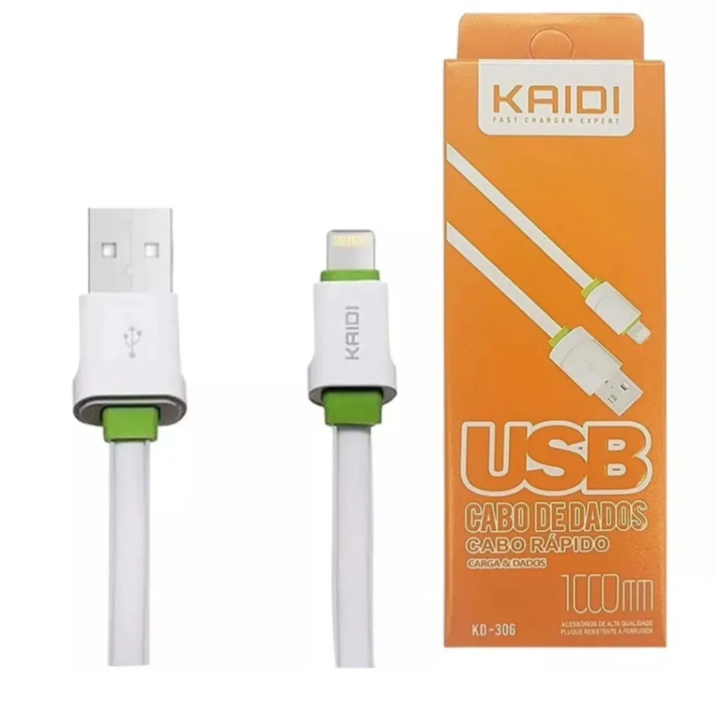Cabo USB Kaidi branco com pontas verdes ao lado da embalagem laranja do modelo KD-306.