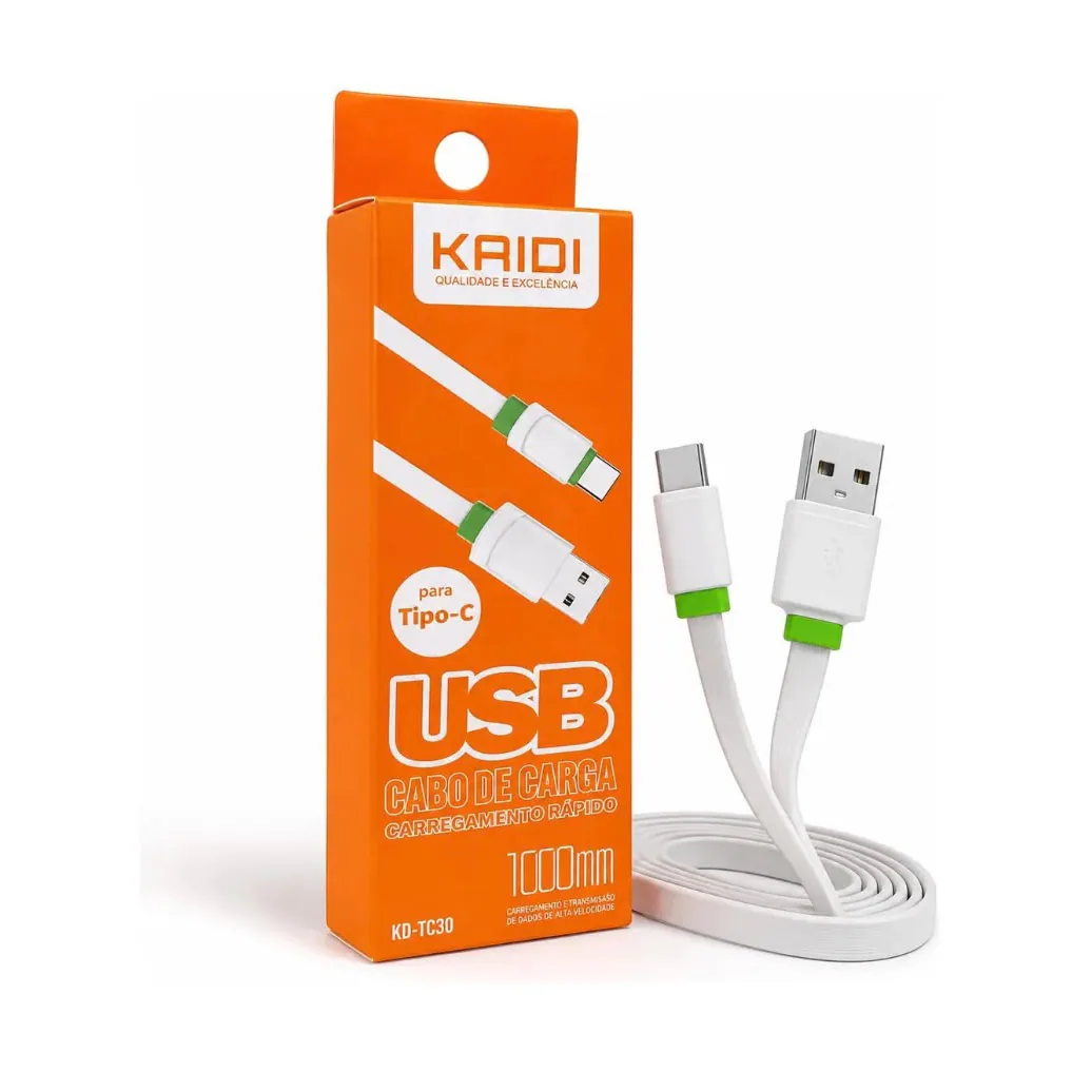 Cabo Kaidi branco e plano, com conectores USB e Tipo-C, ao lado da embalagem laranja para Tipo-C.